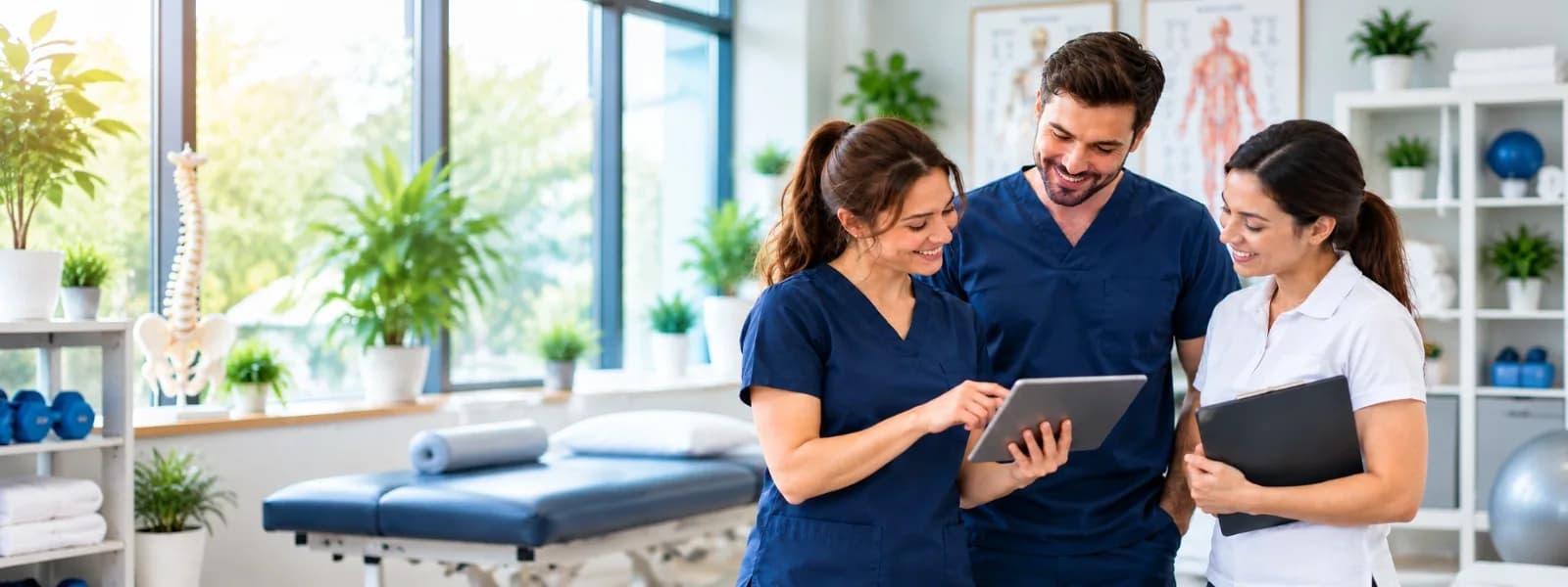 Three Mayfield Therapeutics practitioners reviewing a treatment plan on a tablet