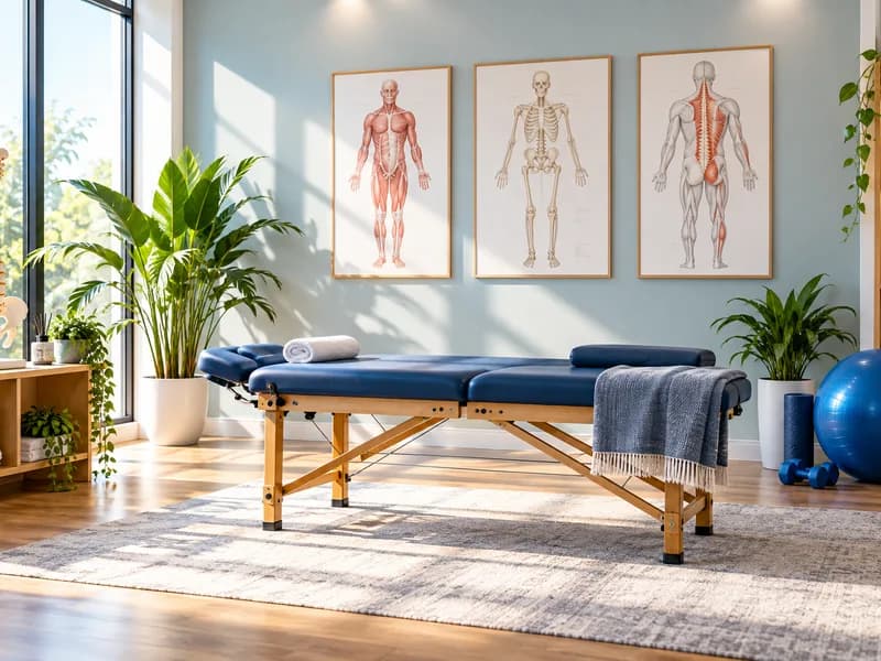 Massage treatment room with anatomy charts at Mayfield Therapeutics