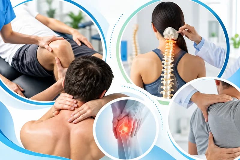 Collage of hands-on treatments: knee mobilisation, neck and shoulder release, cervical spine assessment and upper back pressure