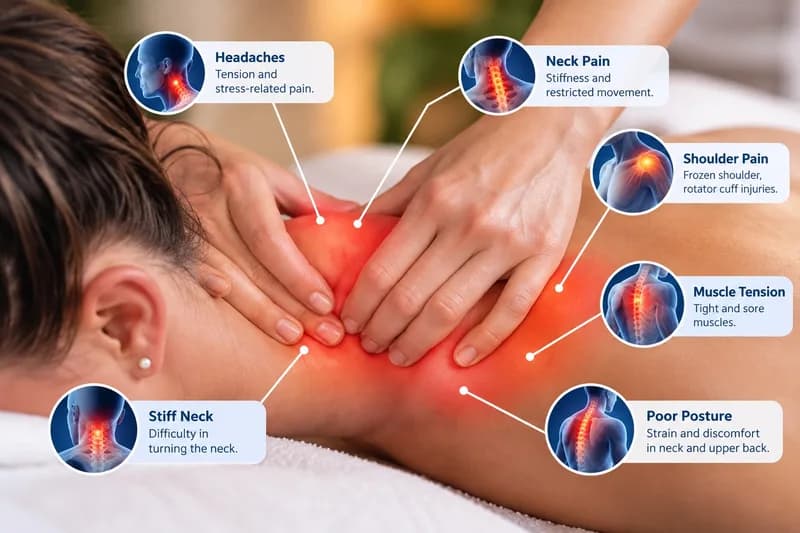 Massage of the neck and shoulder, with callouts for headaches, neck pain, stiff neck, muscle tension and poor posture