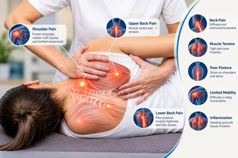 Practitioner treating a client's upper back, with callouts for shoulder, upper back and lower back pain