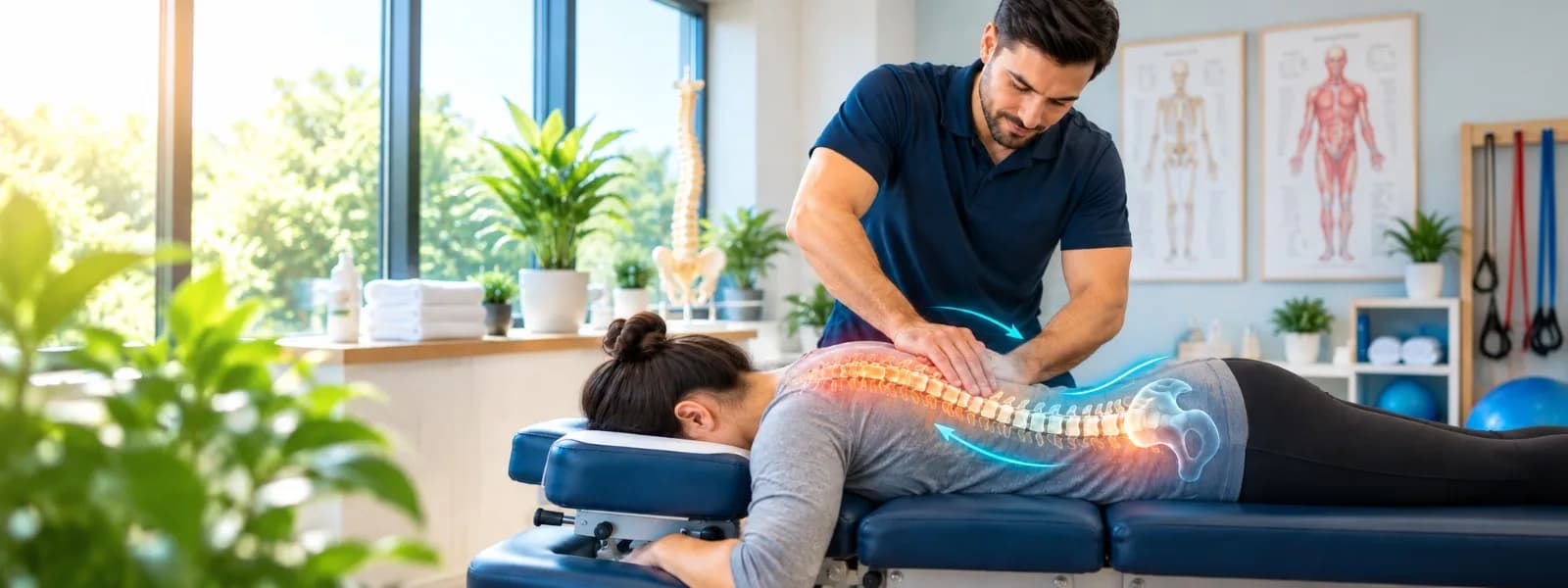 Chiropractor performing a spinal adjustment on a client lying face down at Mayfield Therapeutics, Brampton