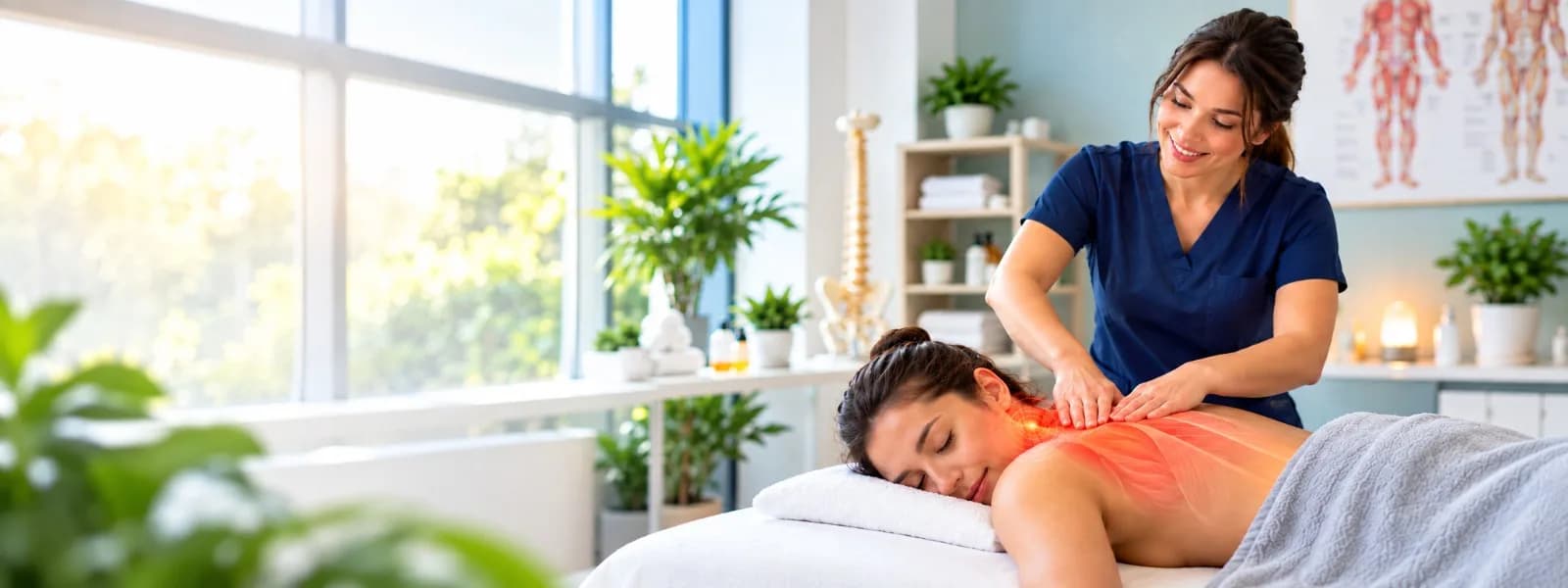 Registered massage therapist treating a client's upper back at Mayfield Therapeutics, Brampton