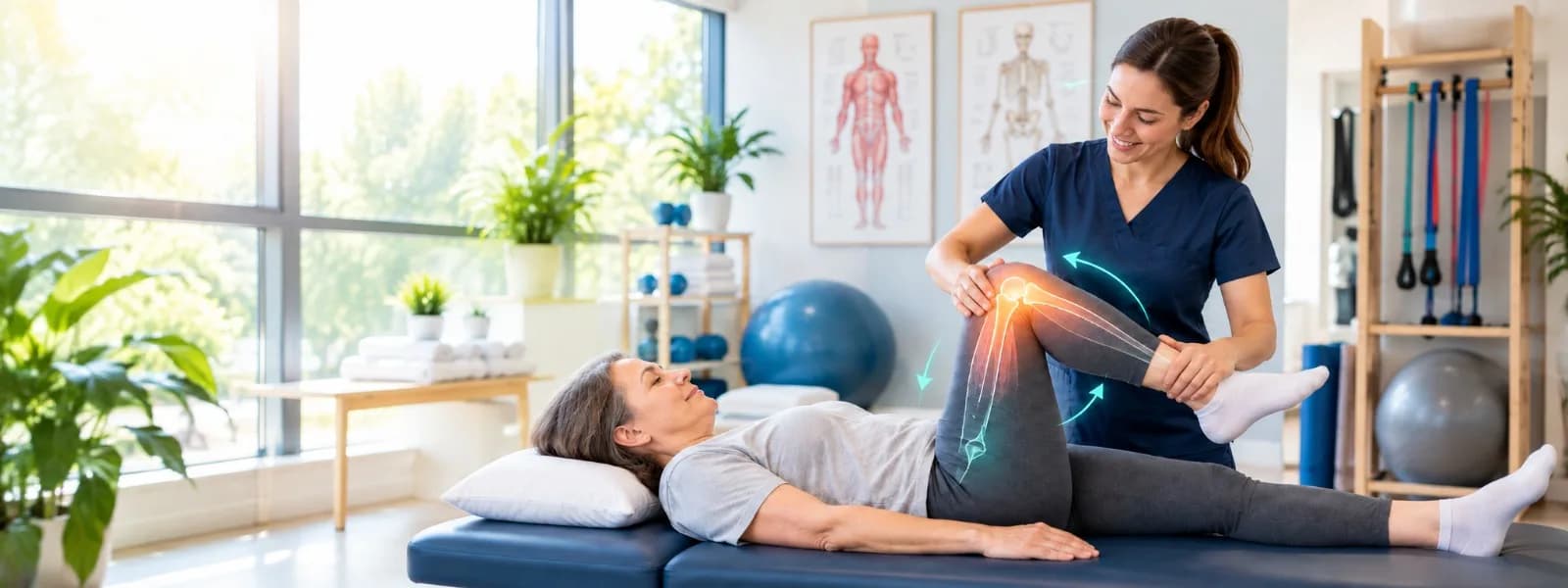 Physiotherapist guiding a client through a knee mobility exercise at Mayfield Therapeutics, Brampton