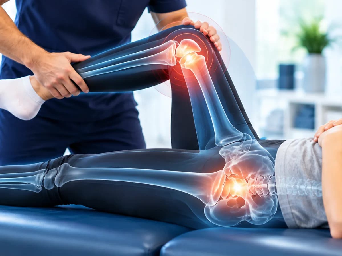 Physiotherapist assessing a client's knee and hip during a rehabilitation session