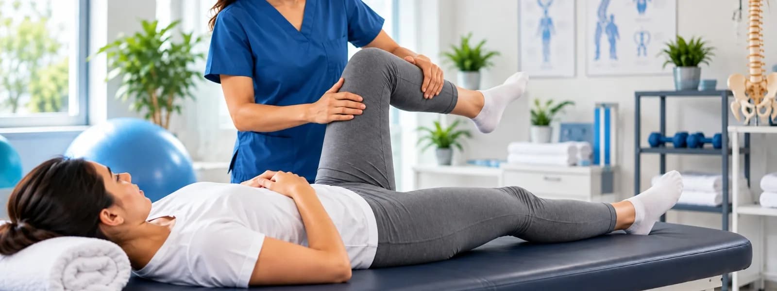 Physiotherapist guiding a client through an assisted leg stretch at Mayfield Therapeutics